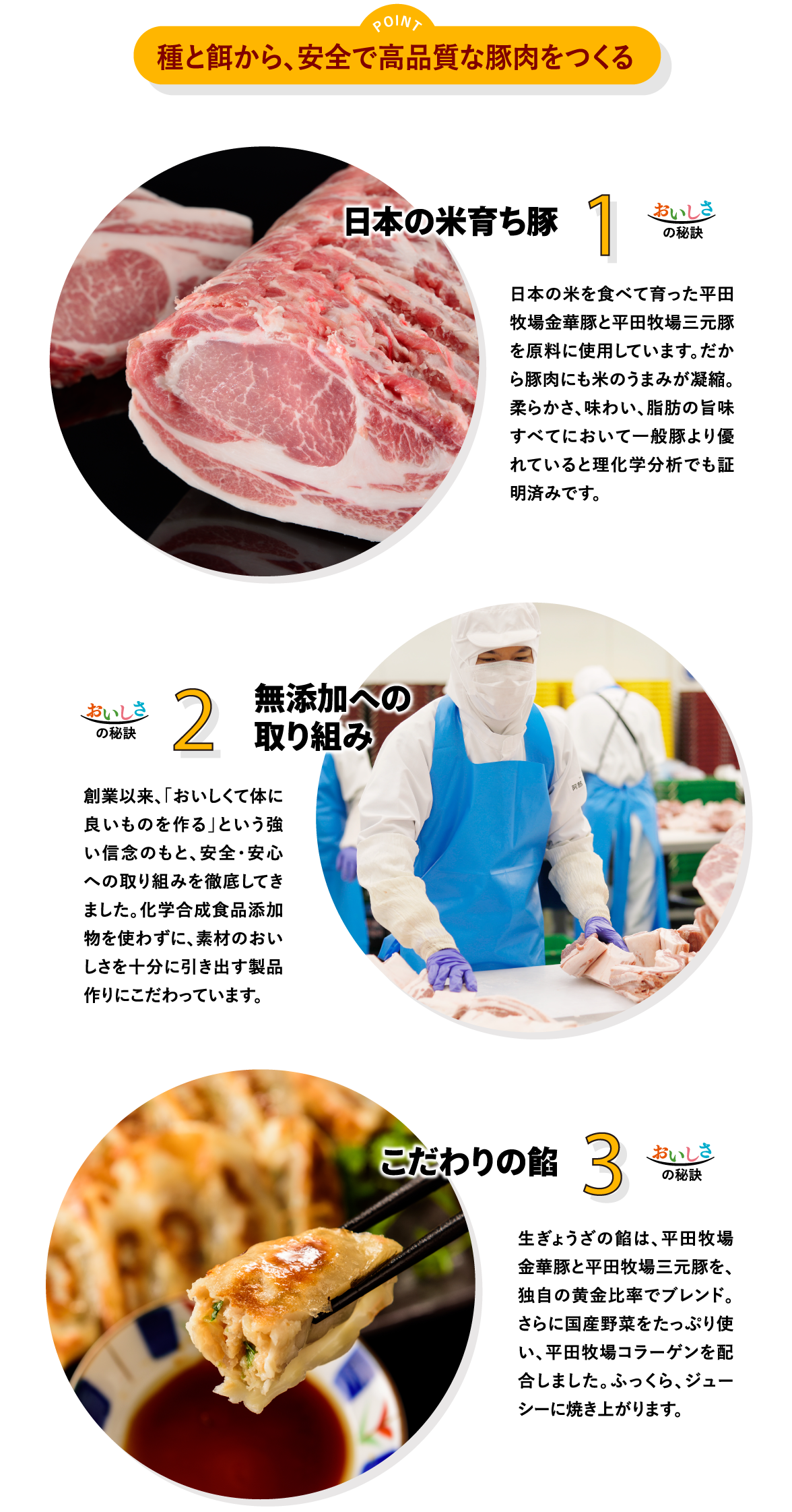 ポイント「種と餌から、安全で高品質な豚肉をつくる」／1.日本の米育ち豚　2.無添加への取り組み　3.こだわりの餡